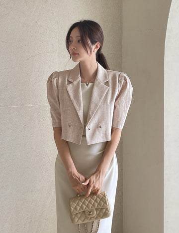 Beilb Linen Puff Collar Check Crop Jacket